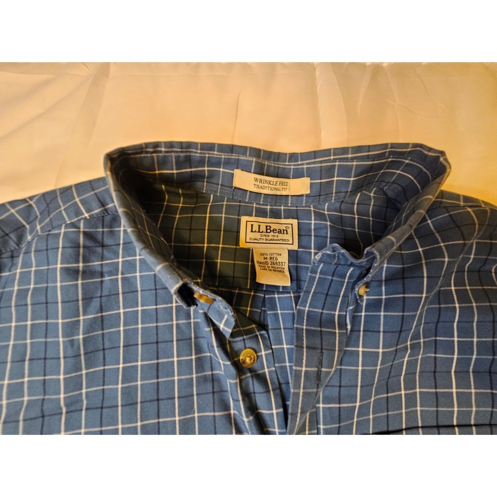 LL Bean Mens Wrinkle Free Traditional Fit Blue Check Button Down Shirt M-REG